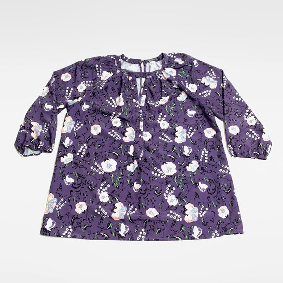 eShakti Floral Keyhole Blouse Top Size XL 16 Purple Crepe Unlined Pullover Boho - Picture 2 of 14